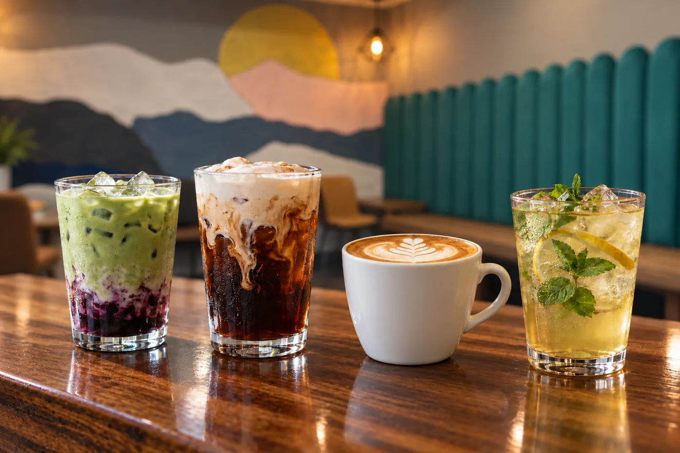 Matcha, iced coffee, a latte and a sparkling drink on the Stellar Brews counter